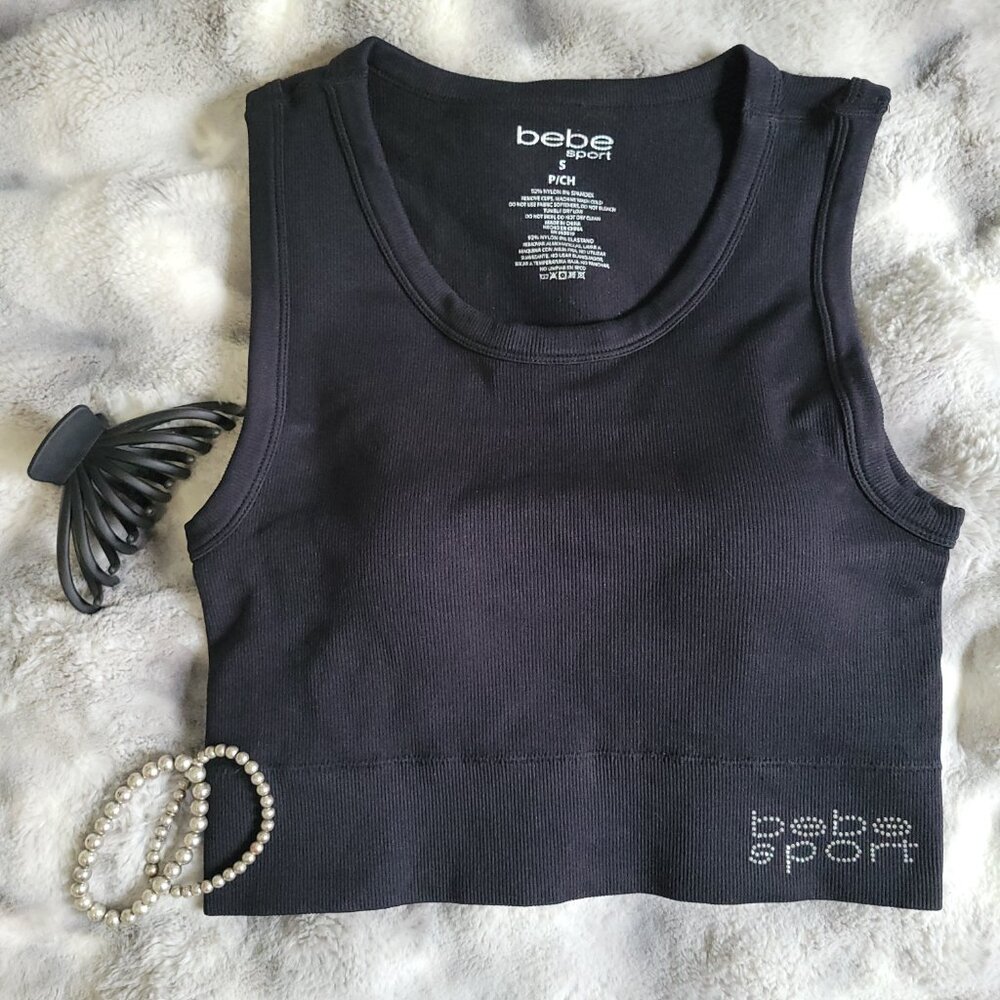 Bebe Sport Black Crop Top Built-In Bra Rhinestone Logo Y2K Style